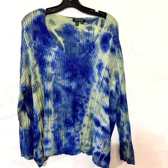 Lauren RALPH LAUREN  Tie dye Blue Sweater V neck Size Extra Large Cable Cotton - Picture 1 of 6